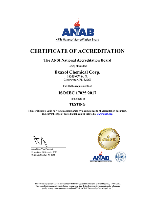 Certificate of Accreditation for Exaxol Chemical Corp. by ANSI National Accreditation Board