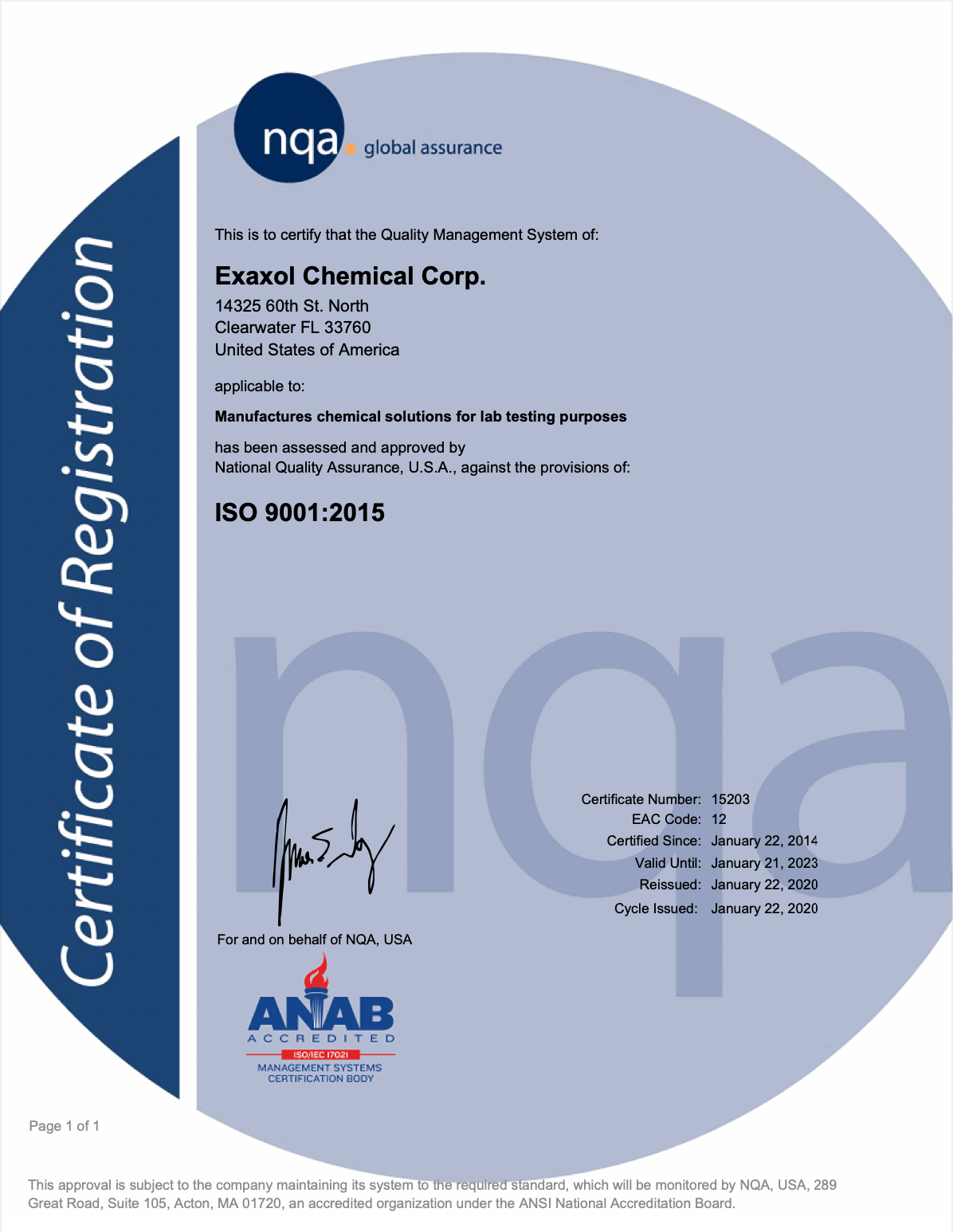 Certificate of Accreditation from ANAB for Exaxol Chemical Corp.